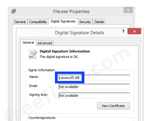 Screenshot of the Lavasoft AB certificate
